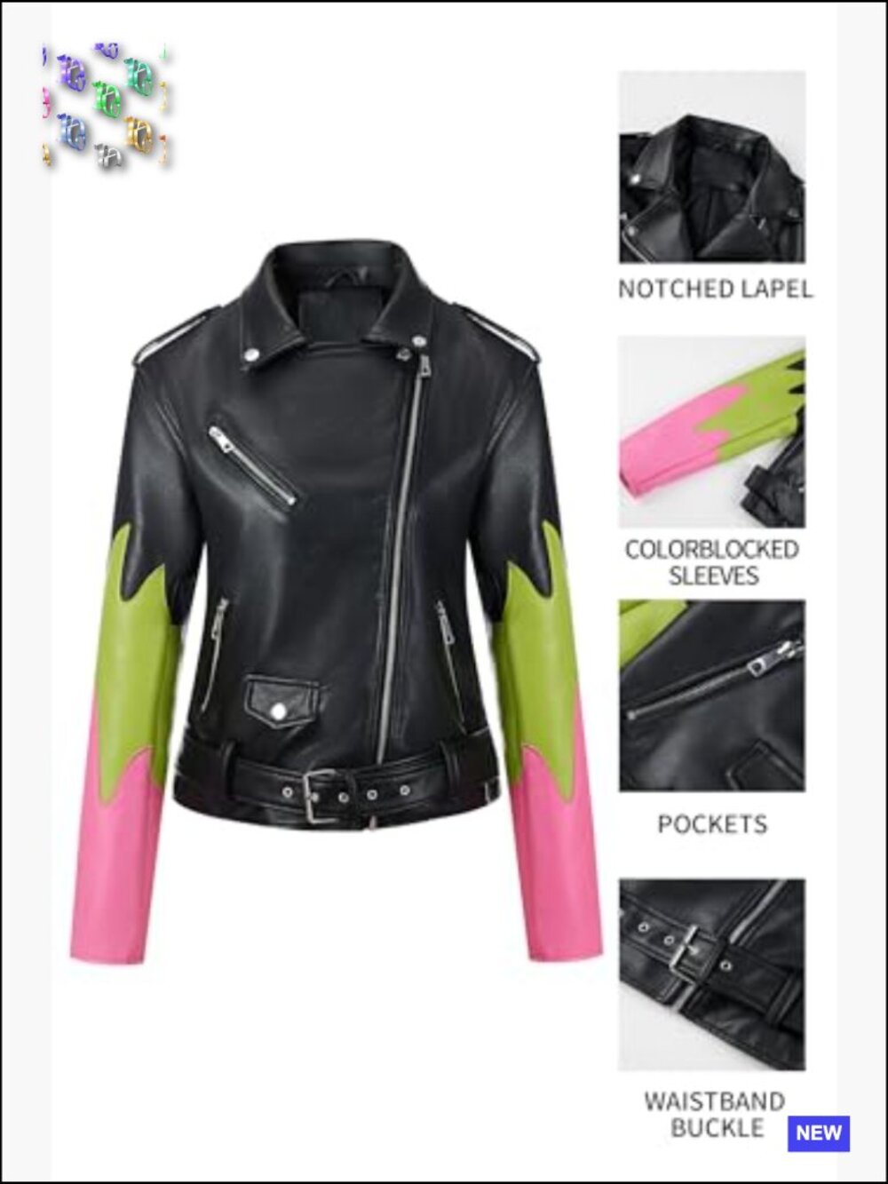 Faux Leather Moto Jacket Zip Up Cropped Motorcycle Coat with Pockets - Picture 5 of 6